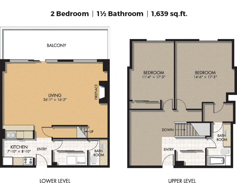 Floor plan for 2 beds, 2 baths, 1600 sqft